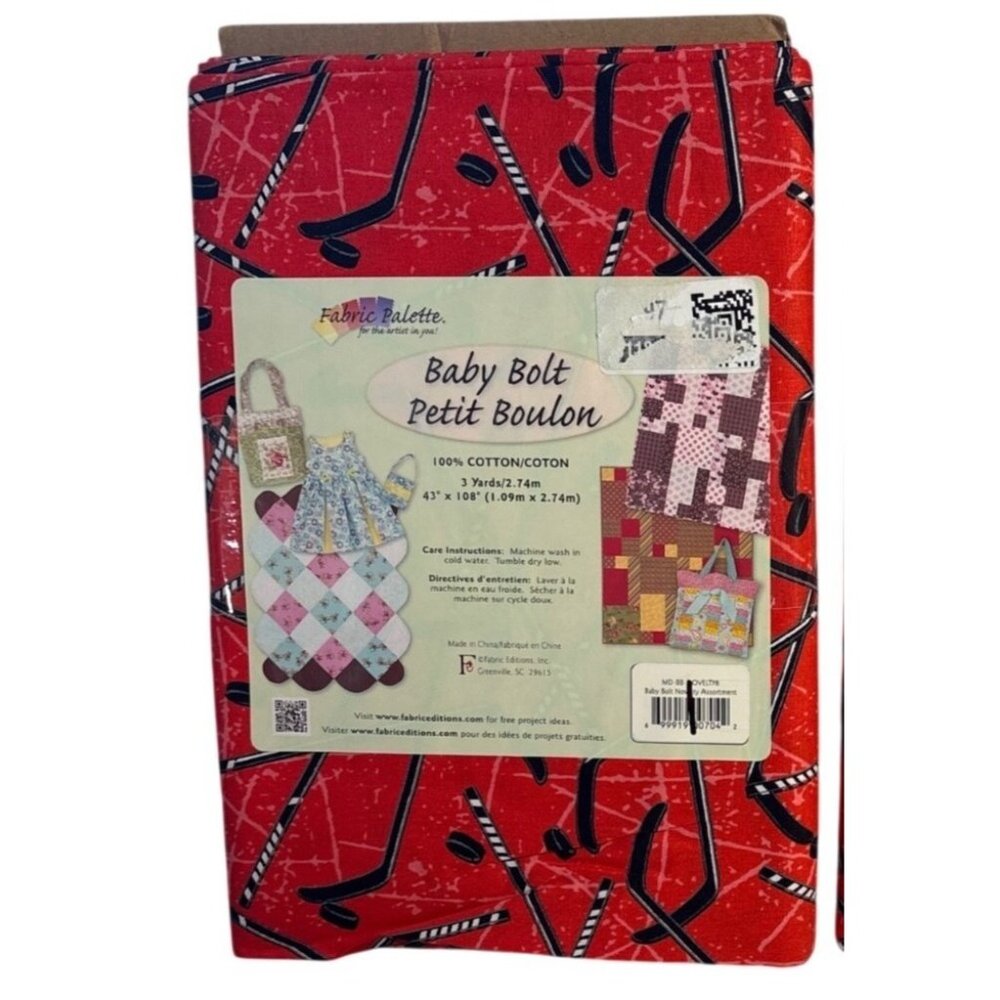 Hockey Themed Fabric Stick & Puck Red 3 Yards 100% Cotton Baby Bolt 43" X 108"
